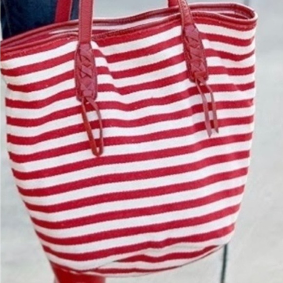 Giando MASSI Red White Stripes Tote Bag Double Strap Beachy French New - Picture 1 of 5